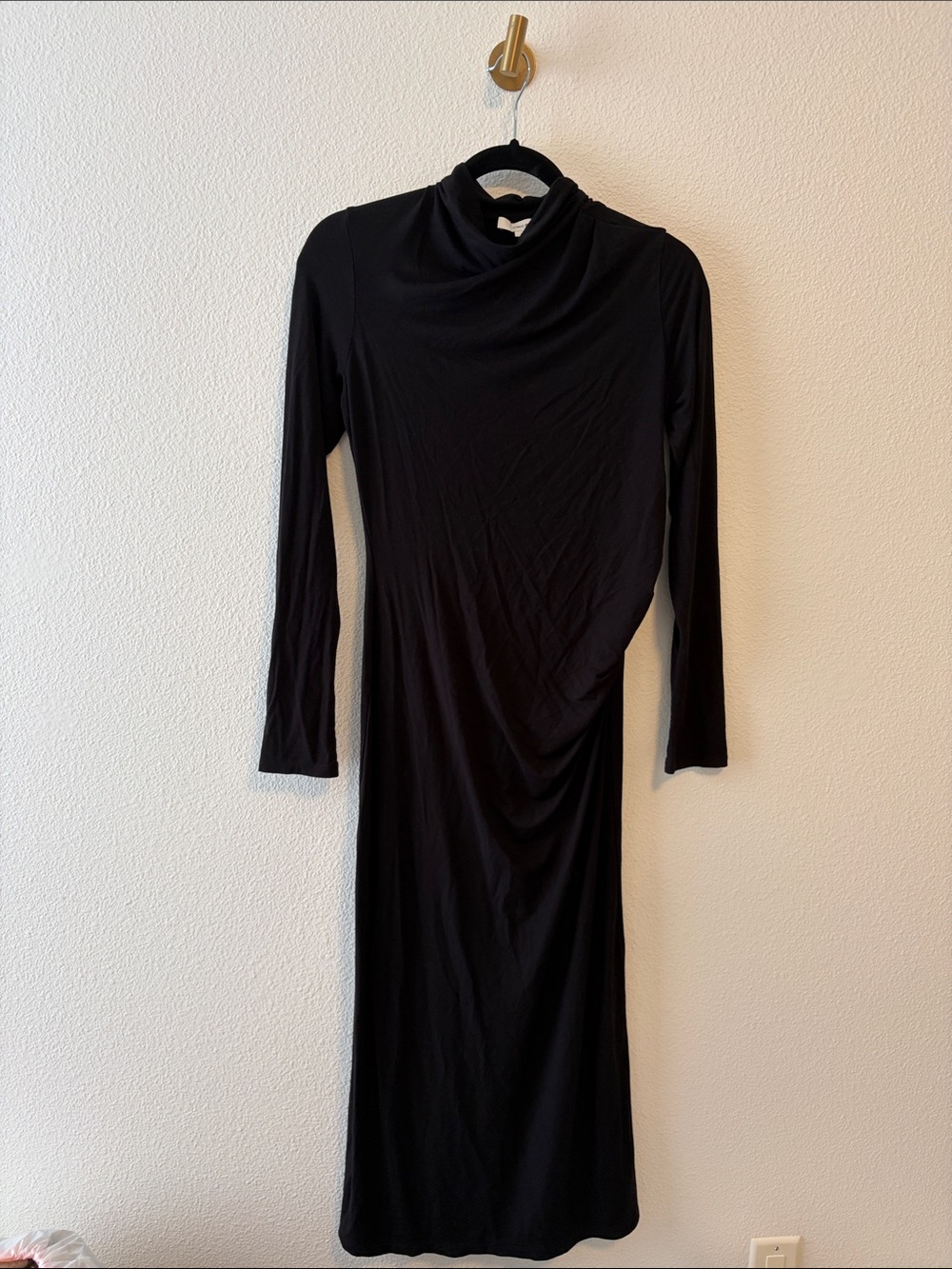 Vince Black Long-Sleeve Midi Dress with Draped Neck